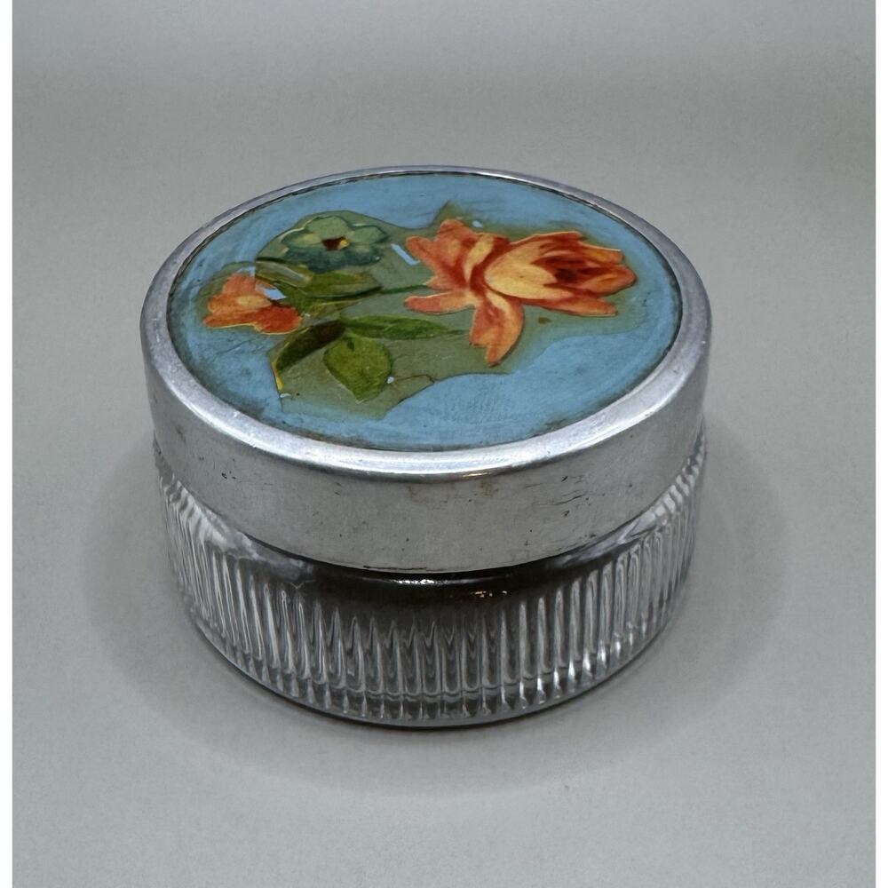 Vintage Vanity Powder Jar Ribbed Glass w/ Floral Metal Lid 1930s-50s